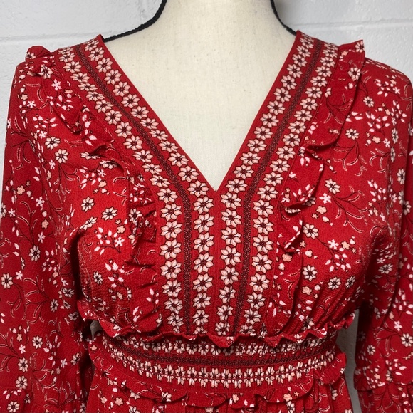 Max Studio Red Balloon Sleeve Tiered Floral Print dress - Picture 3 of 10